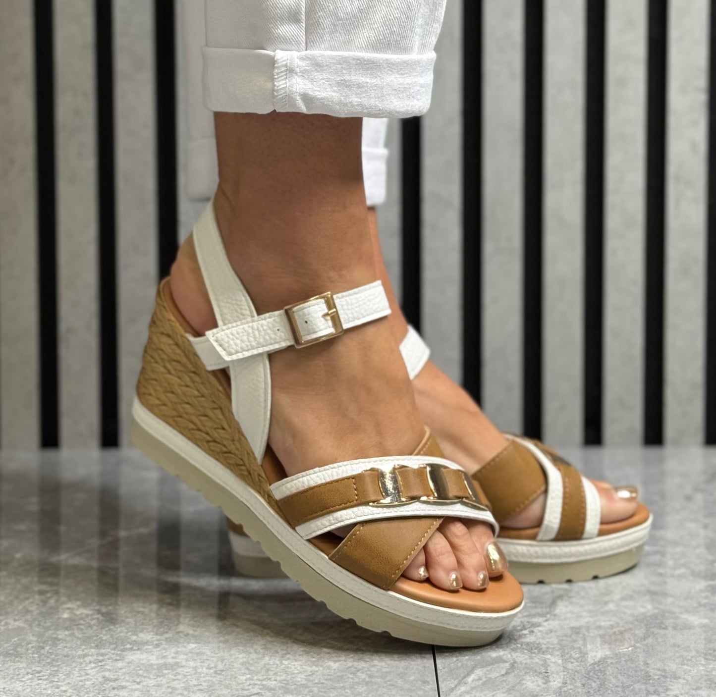 Lotus - 'Tassere' White/Tan Combo Wedge Sandal