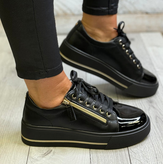Patrizio Como - 'Ravenna' Black Matt/Patent Platform Trainer