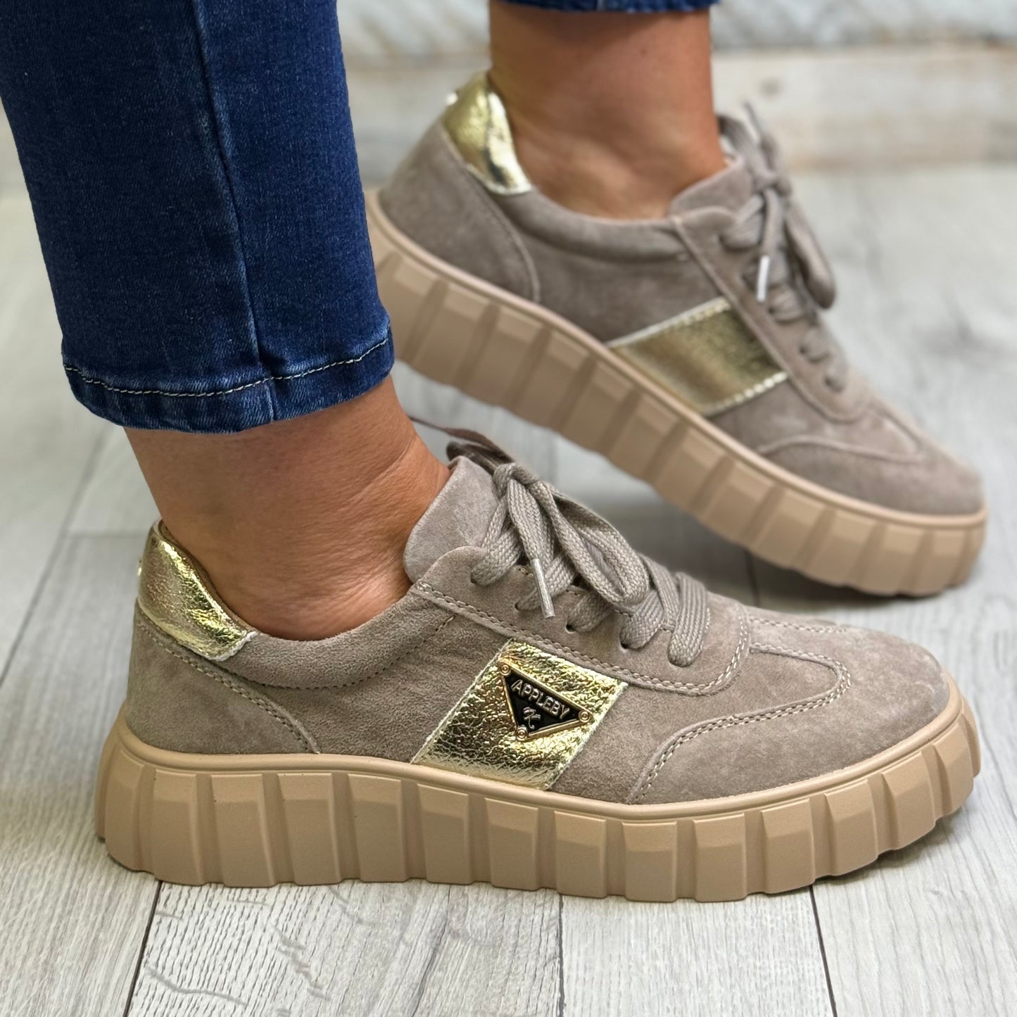 Kate Appleby - ‘Severn' Taupe/Gold Combo Trainer