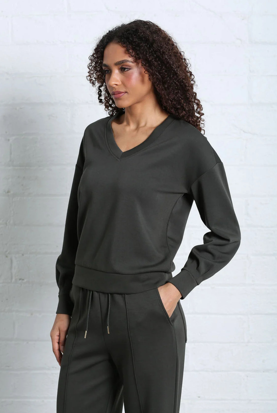 Rant & Rave - Elara Khaki V Neck Sweater