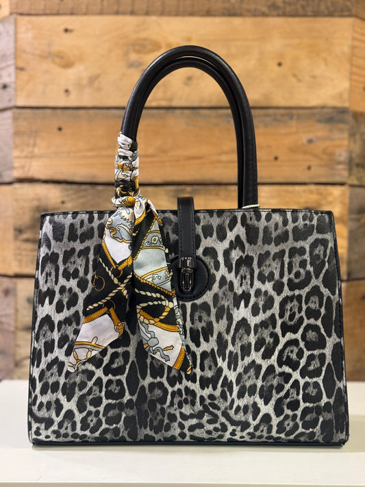 hannah k - 'Yasmin' Black Leopard Print Scarf Detail Handbag