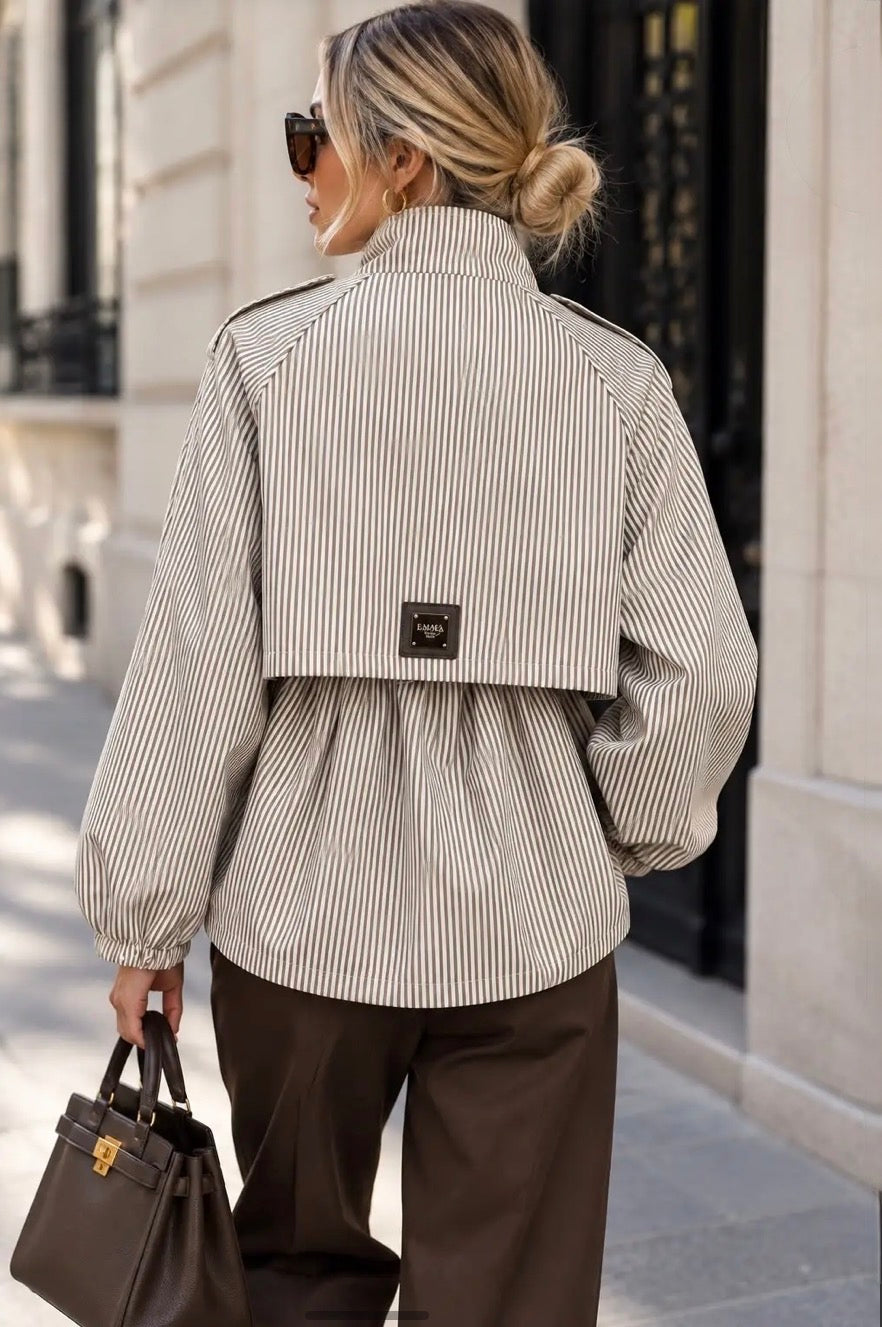 Beige Striped Safari Jacket With Adjustable Waist.