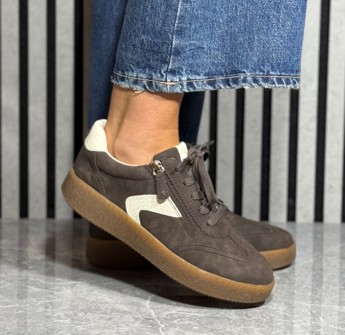 Jana - Mocca Faux Suede Gum Sole Trainer