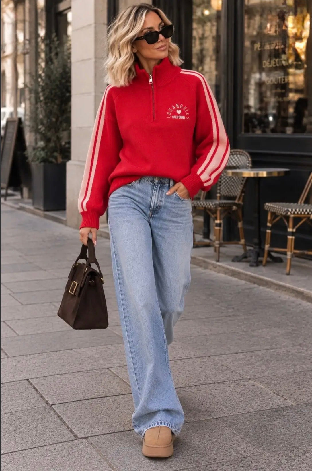 Red ‘Los Angeles’ Embroidered 1/2 Zip Knit