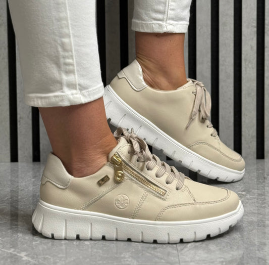Rieker - Beige 'TEX' Side Zip Wide Fit Leather Trainer