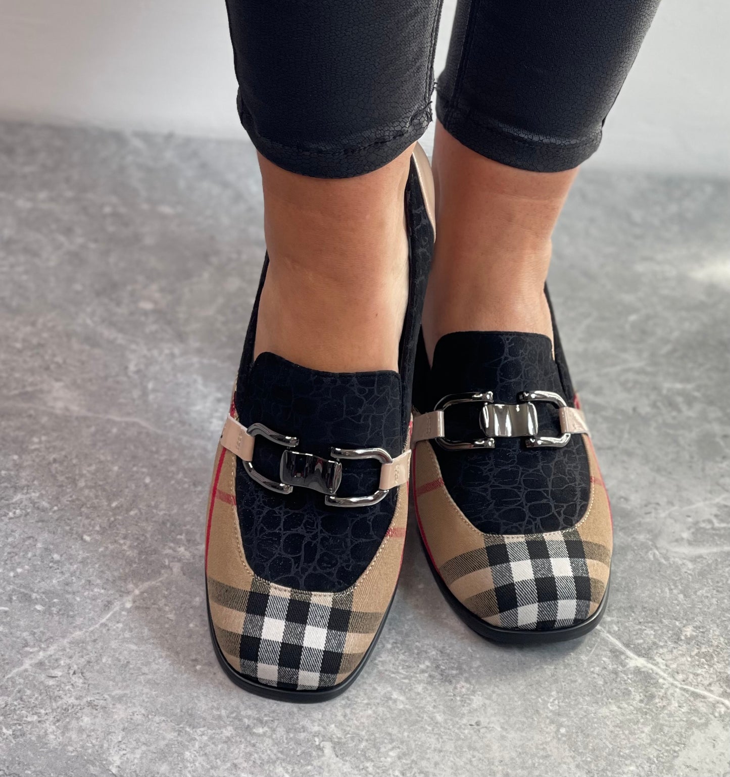 Redz - Beige Multi Check Block Heel Loafer