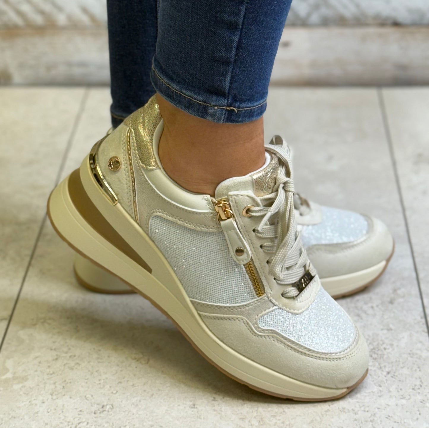 Xti - Beige Glitz Wedge Trainer (144379)