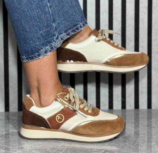 Tamaris - Cognac/Cream Combo Leather Trainer