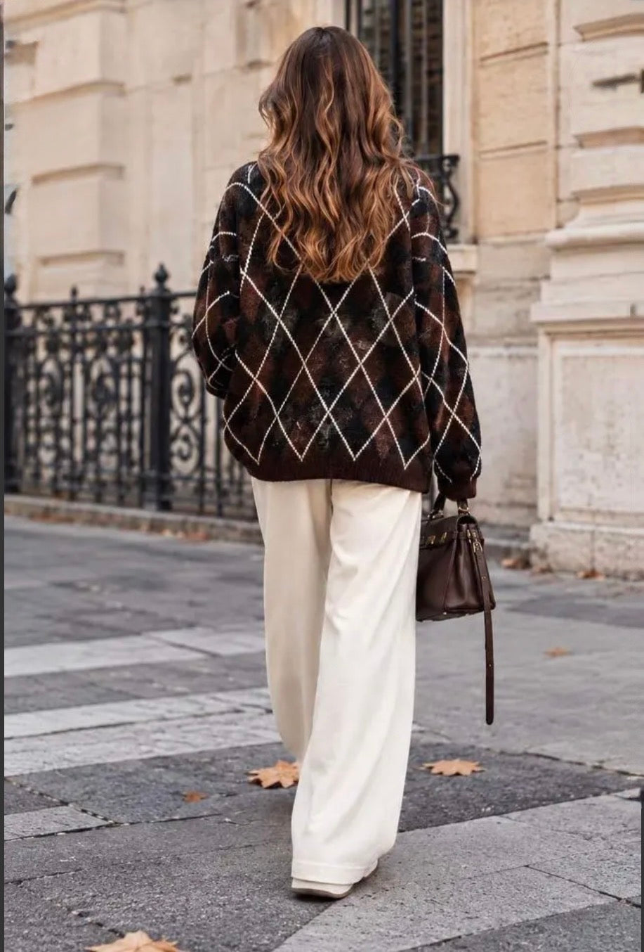 Coffee Diamond Pattern Oversized Jumper