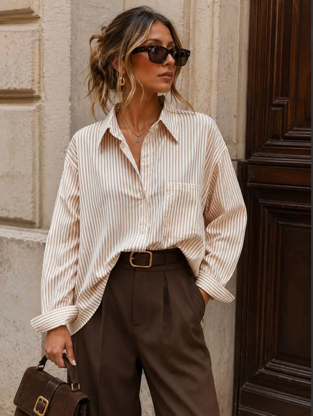 Taupe Striped Top Oversized Shirt