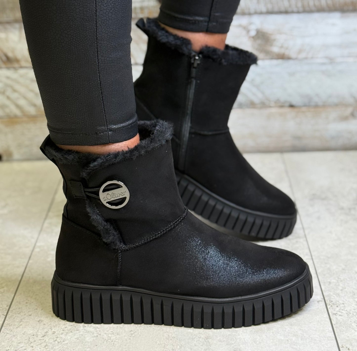 S Oliver - Black Glitter Lined Platform Boot