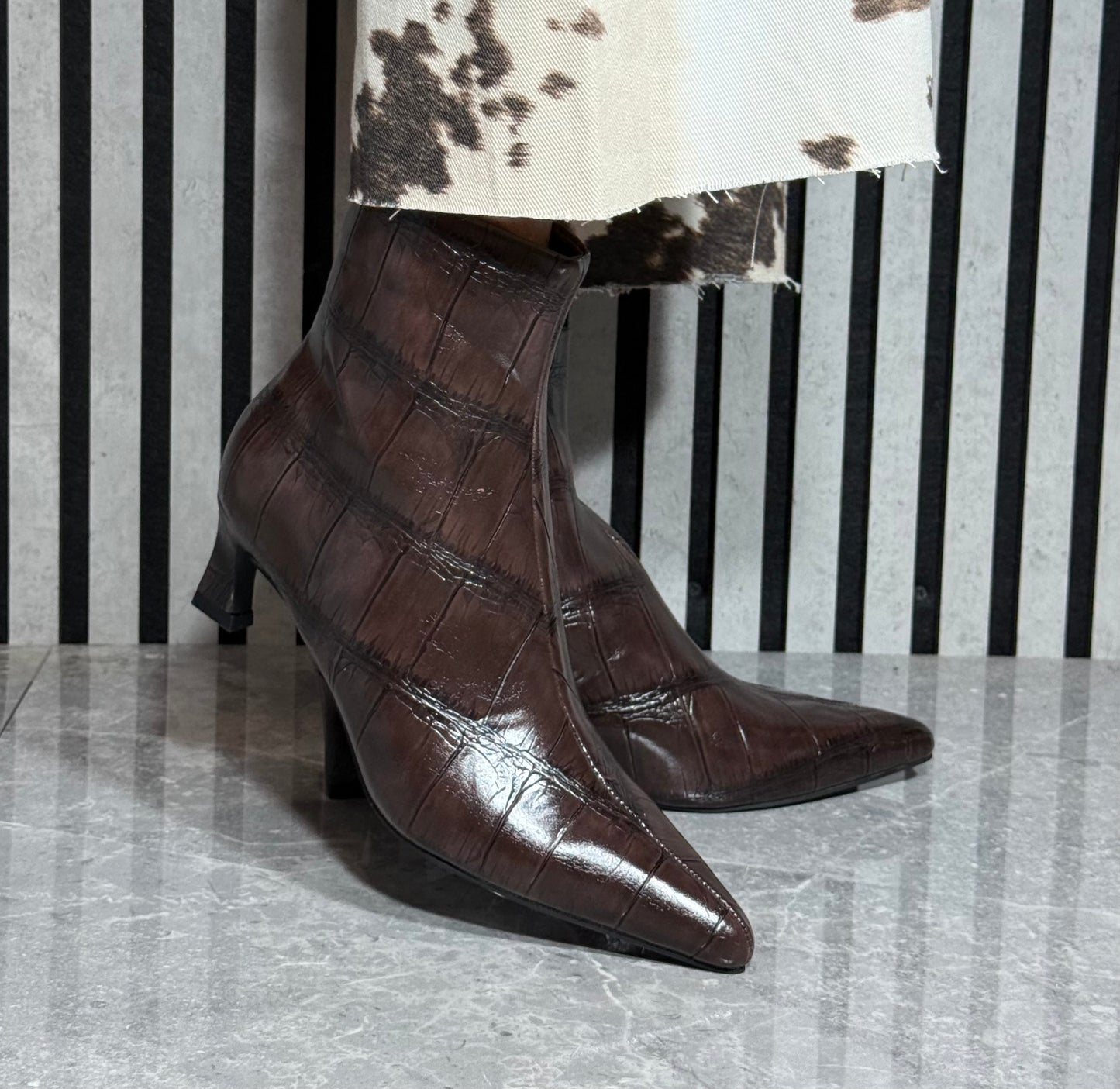 Rant & Rave- 'Malik' Brown Croc Kitten Heel Boot