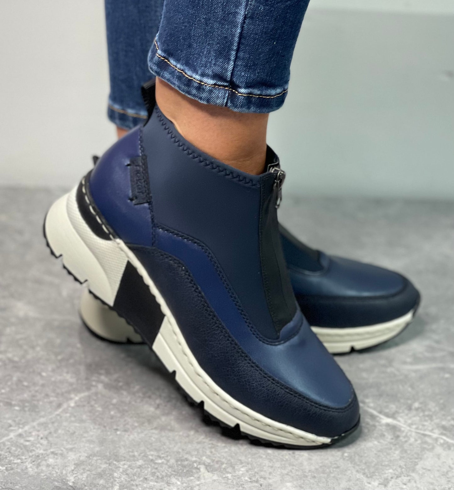 Rieker - Navy Front Zip Sock Trainer Boot