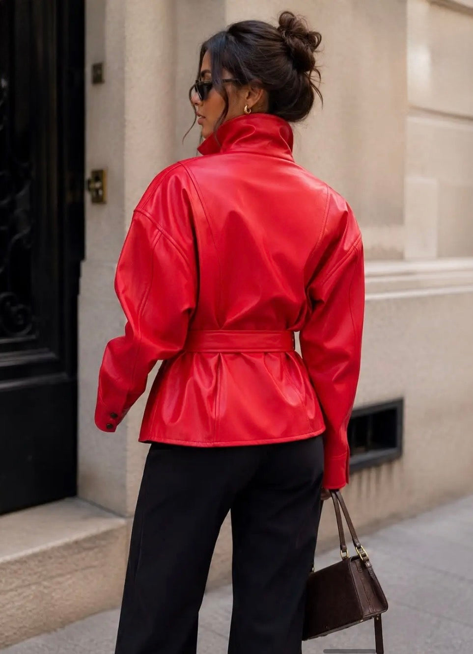 Red Faux Leather Belted Jacket.