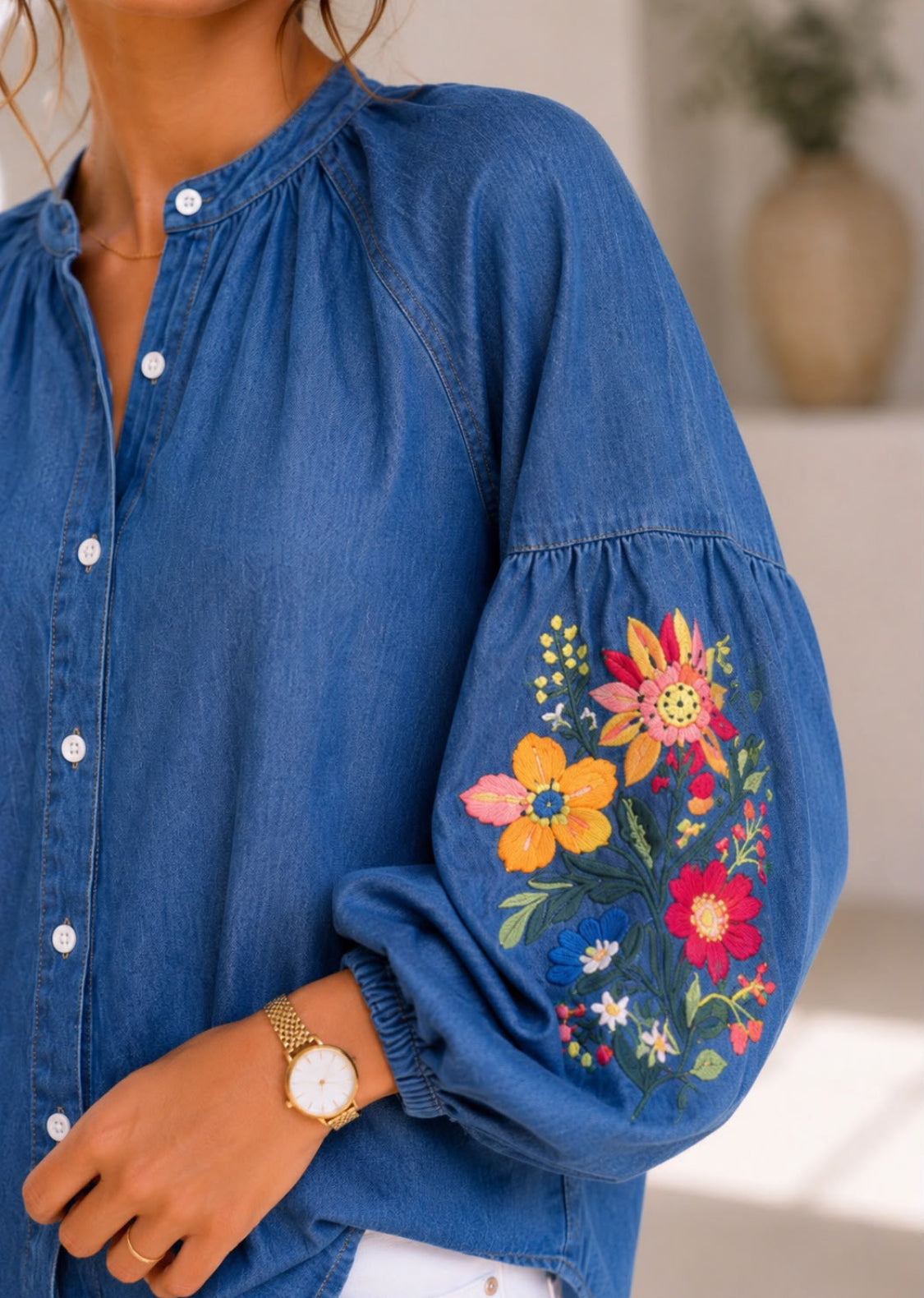 Denim Floral Detail Balloon Sleeve Top