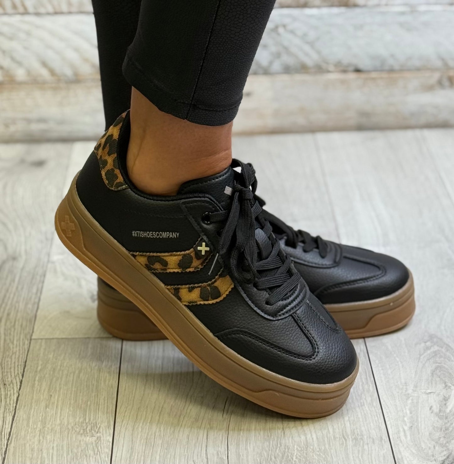 Xti - Black Leopard Gum Sole Trainer (144585)