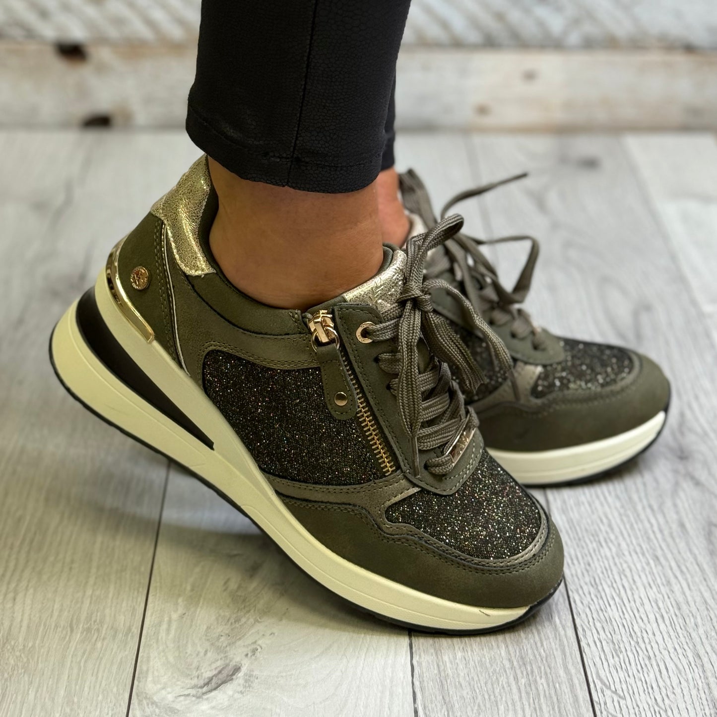 Xti - Khaki Green Glitz Wedge Trainer (144379)