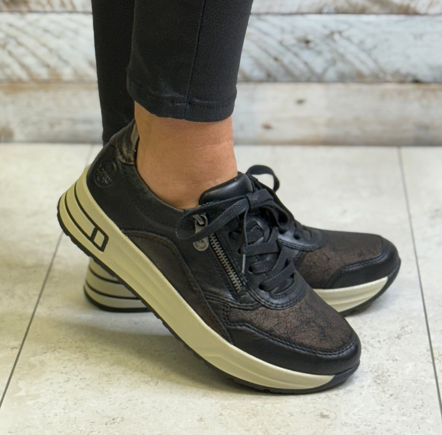 Rieker -  Black Combo Wide Fit Leather Trainer