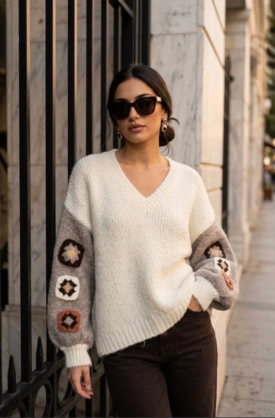 Cream/Beige Embroidered Sleeve Oversized V Neck Knit