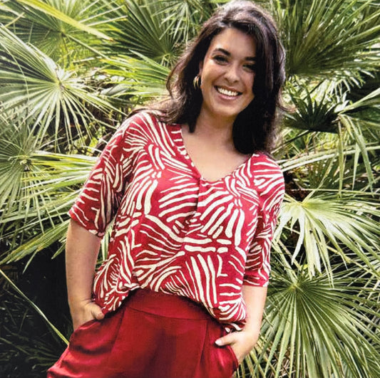 Rust Print V Neck Blouse