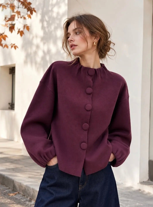 Burgundy High Neck Ruched Sleeve Cardi