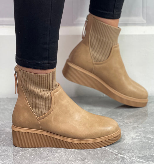 Lunar - 'Tara' Beige Wedge Sock Boot