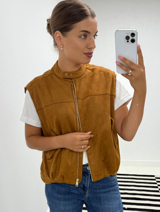 Tan Faux Suede Sleeveless Bomber.