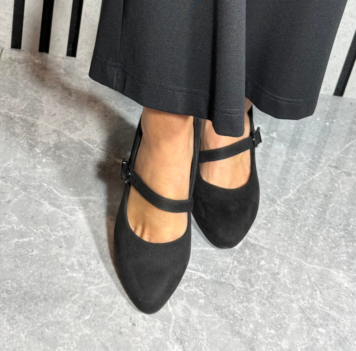 Jana - Black Strap Block Heel Shoe