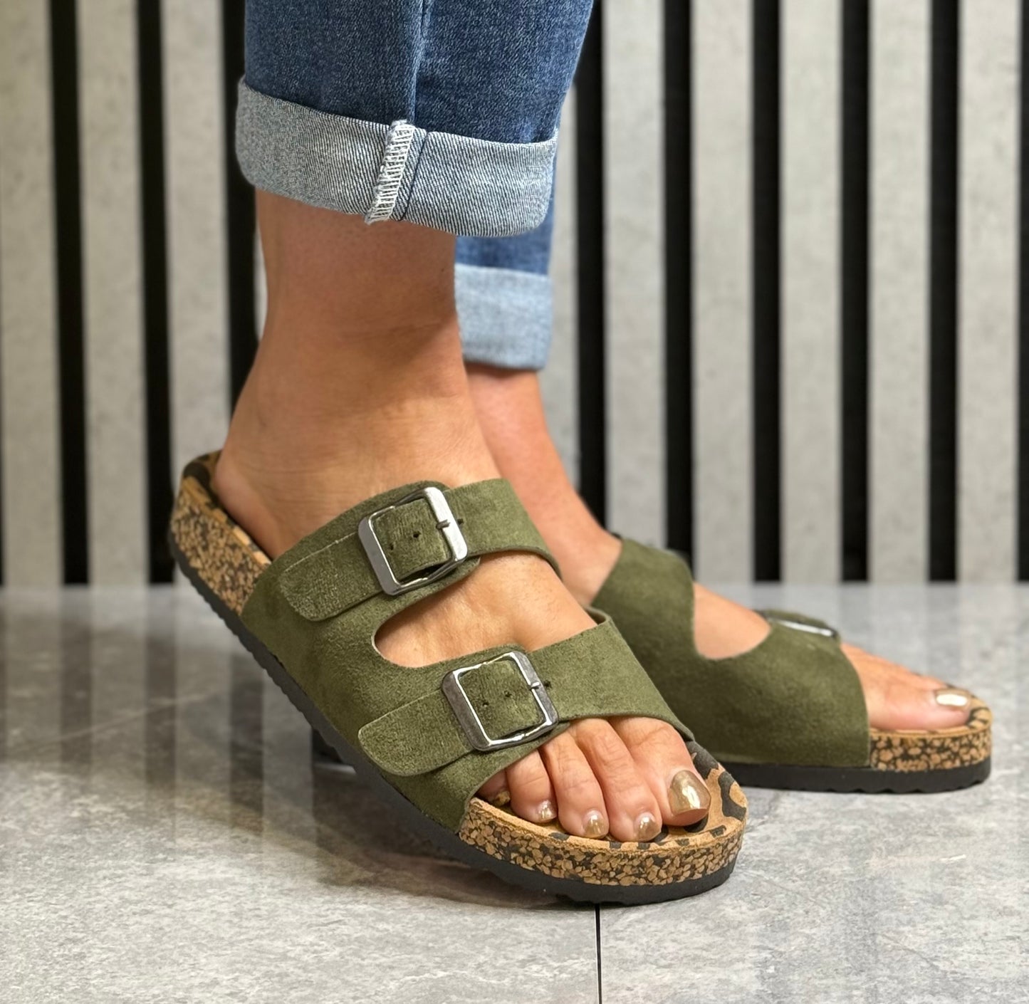 Lunar - 'Pecan’ Sage Green Double Buckle Slider