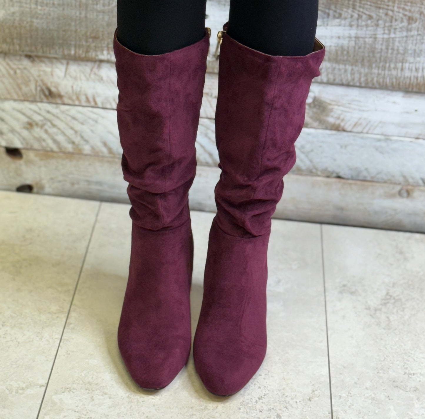 Una Healy - 'Chameleon' Cranberry Ruched Long Boot