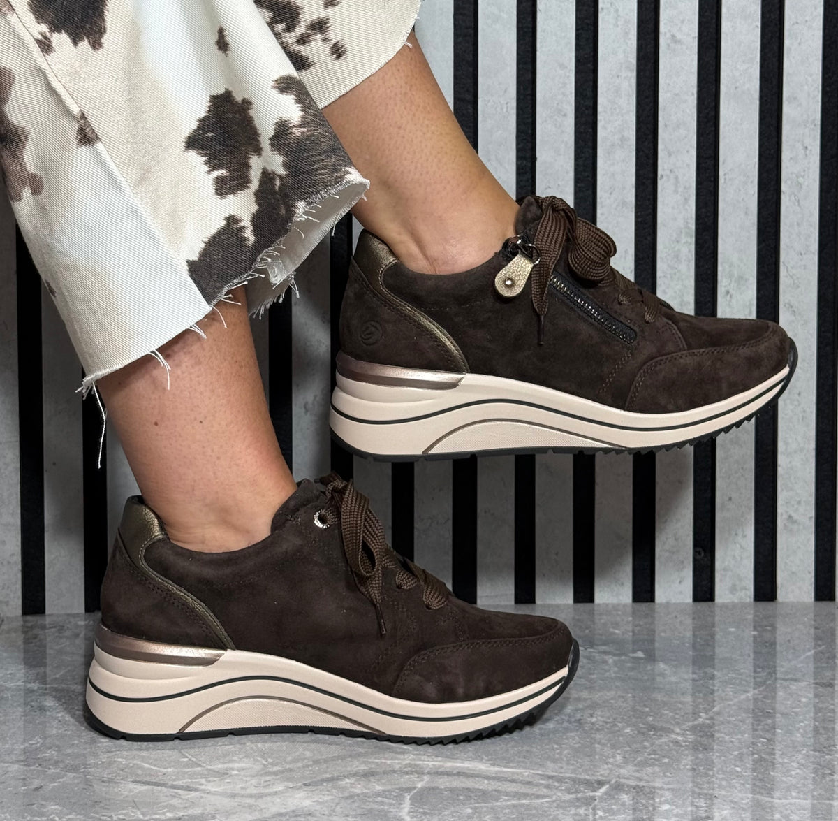 Remonte -  Brown Suede Wide Fit Wedge Trainer