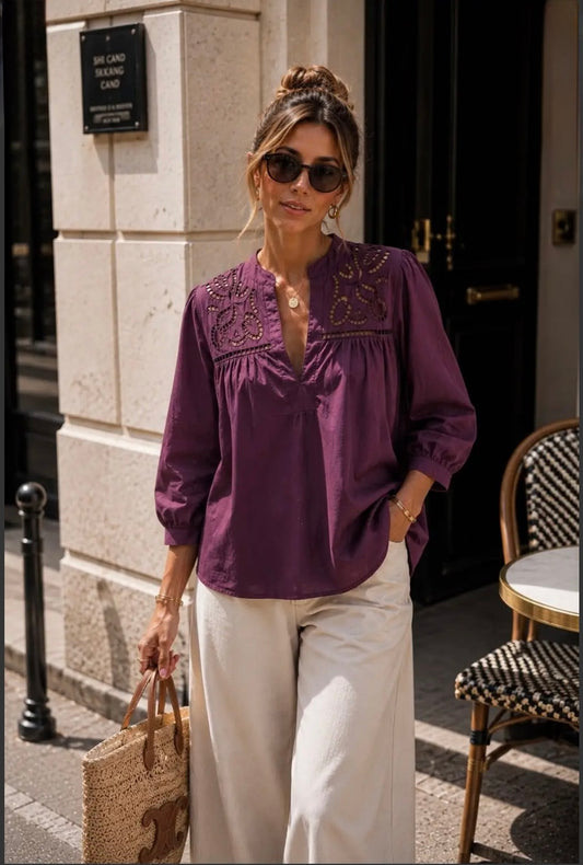 Plum Openwork Embroidery Blouse