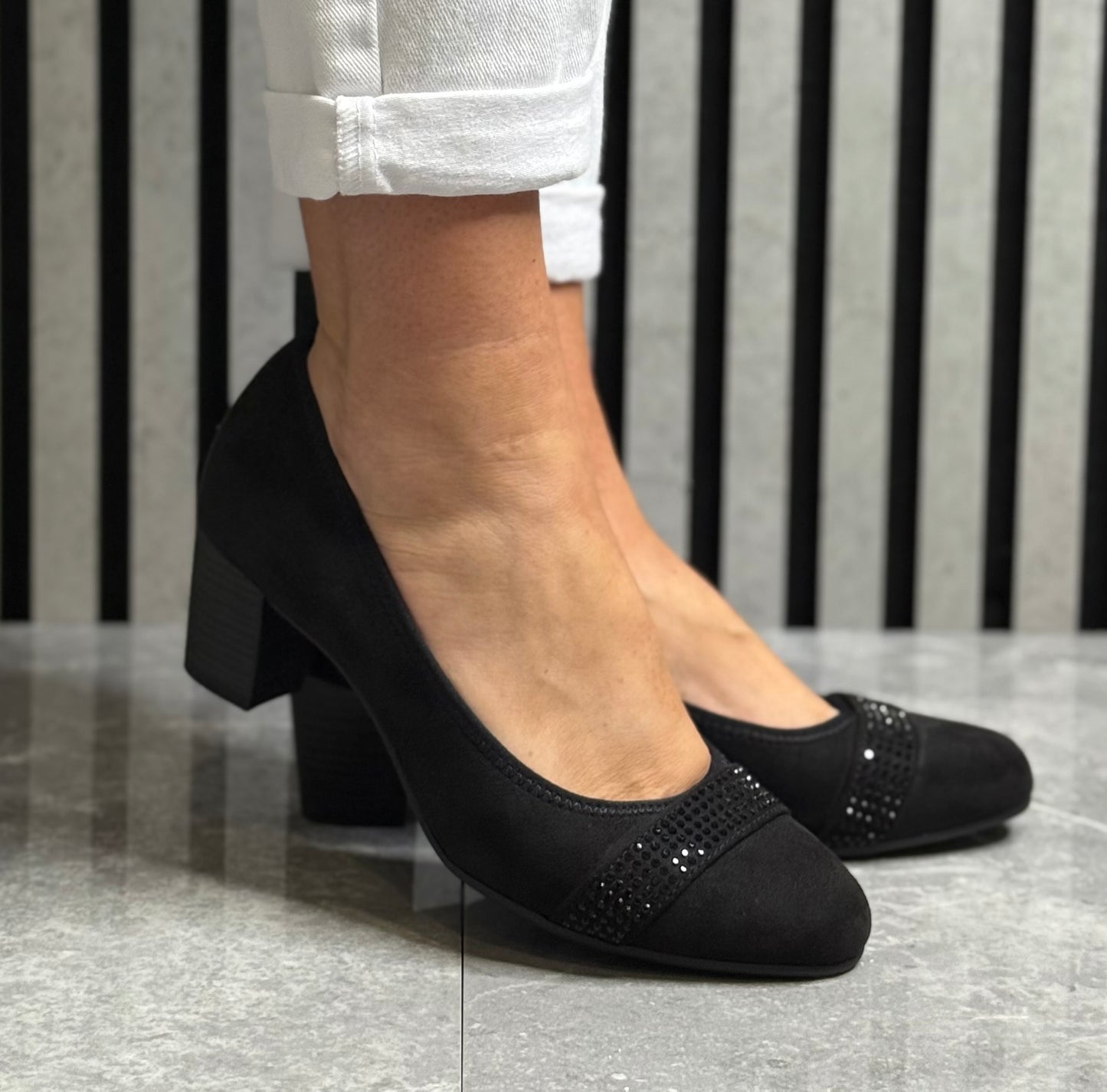 Jana - Black Faux Suede Block Heel Shoe