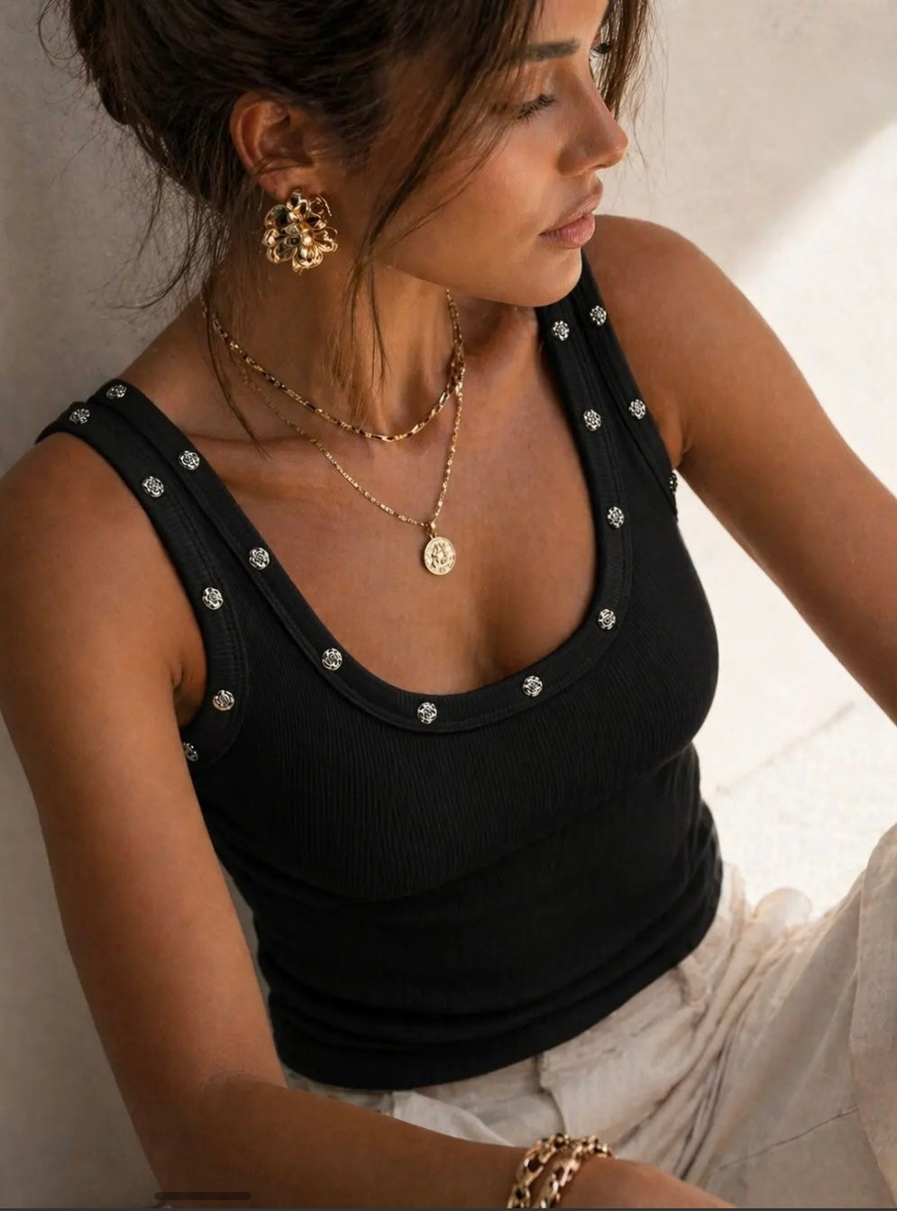Black Ribbed Stud Detail Vest Top