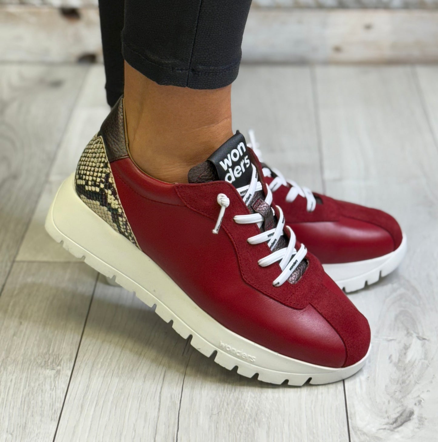 Wonders - A-2495 Ruby Red/Animal Trim Leather Trainer