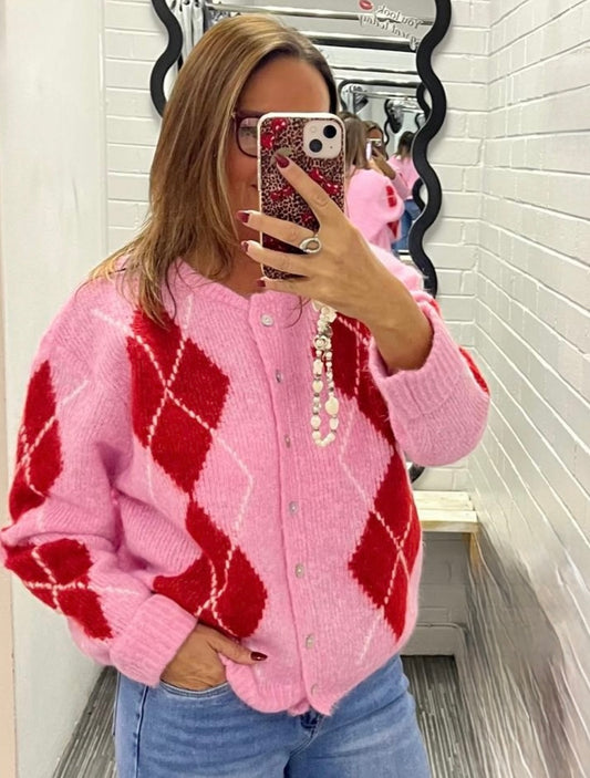 Kilky - Pink/Red Argyle Cardigan.