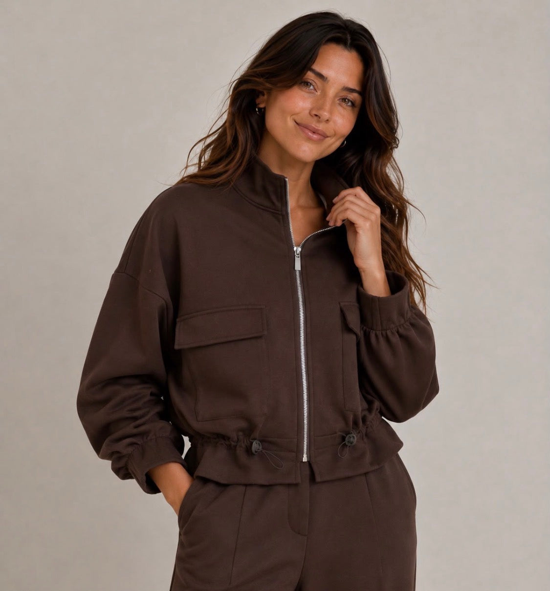 Chocolate Zipper Jacket With Drawstring