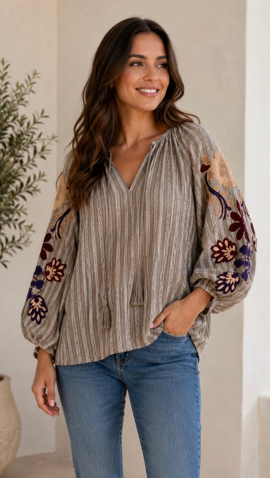 Coffee Boho Appliqué Sleeve Top