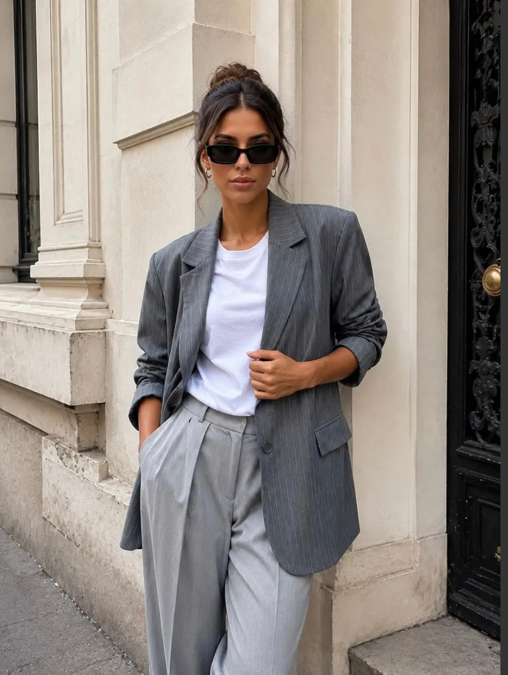 Grey Pinstripe Oversized Blazer