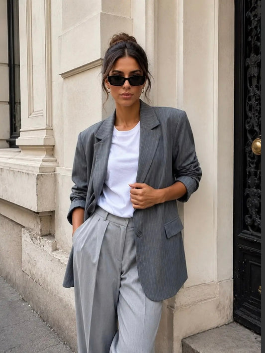 Grey Pinstripe Oversized Blazer