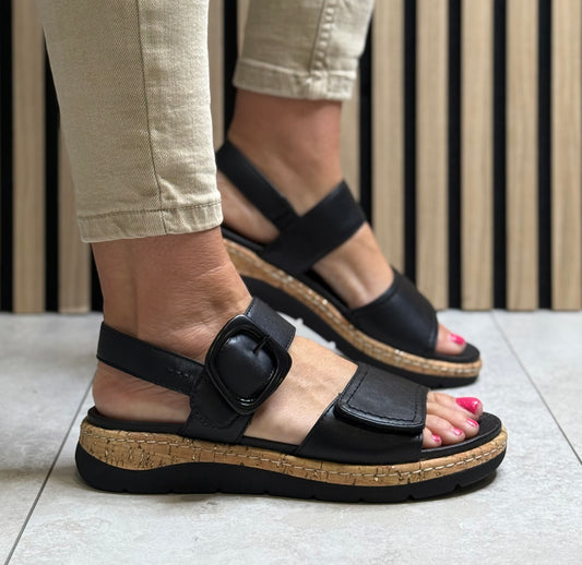 Jana - Black Buckle Detail Leather Sandal