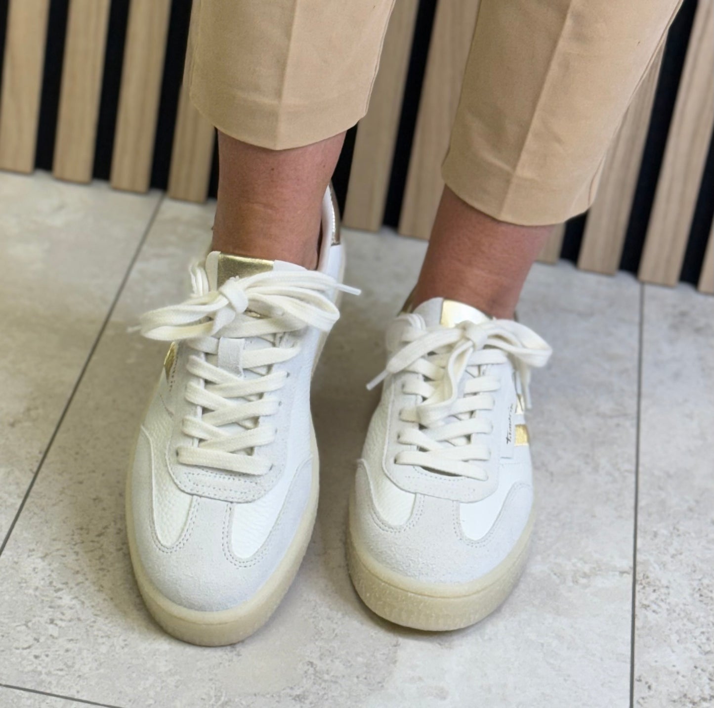 Tamaris - White/Gold Combo Leather Trainer