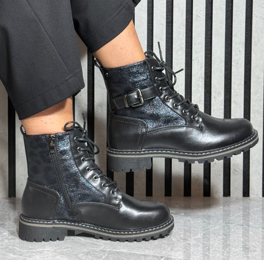 Lunar - 'Becky' Black/Animal Print Detail Boot