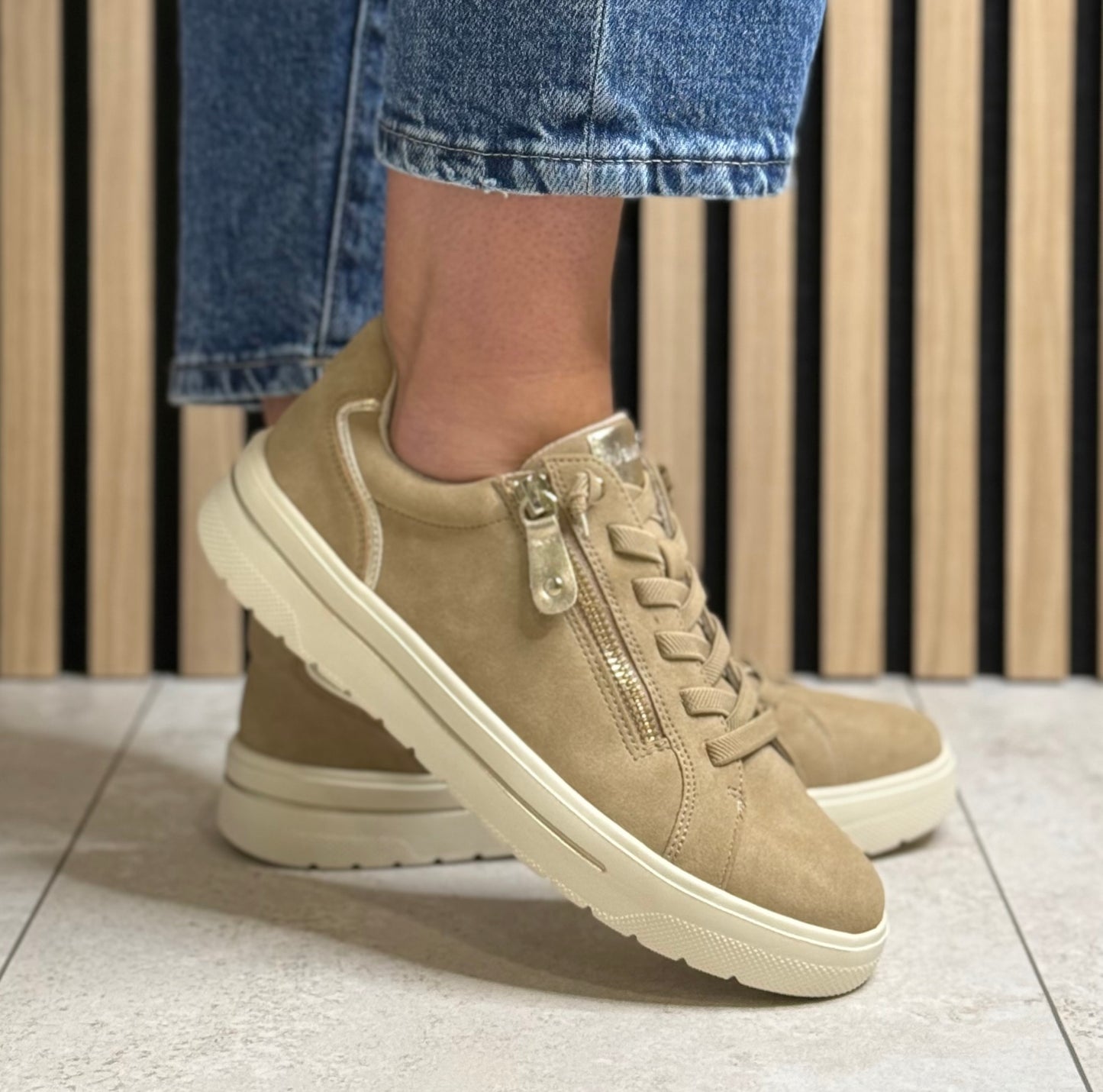 Jana - Sand/Gold Trim Side Zip Trainer