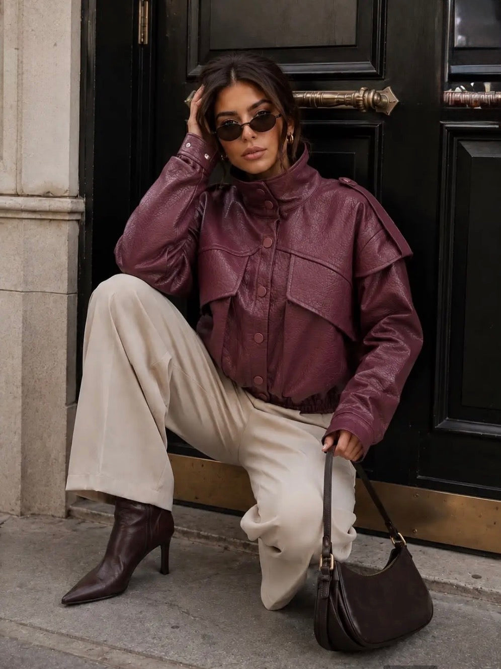 Plum Short Faux Leather Jacket