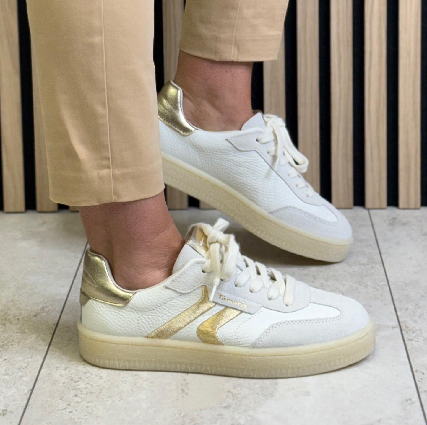 Tamaris - White/Gold Combo Leather Trainer