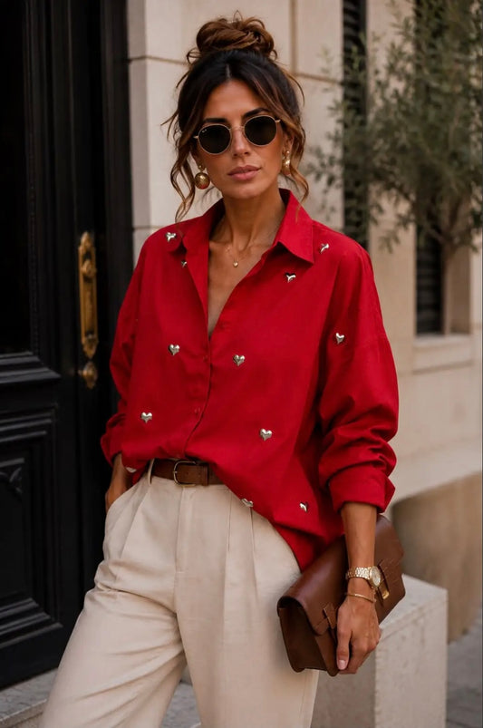 Red Metallic Heart Detail Shirt