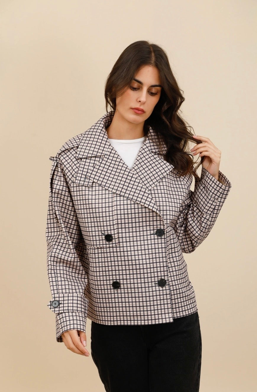 Checked High Collar Short Oversized Trench Coat