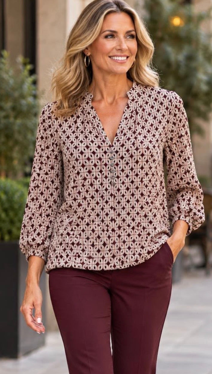 Yew - Wine/Stone Mix Mandarin Neck Top