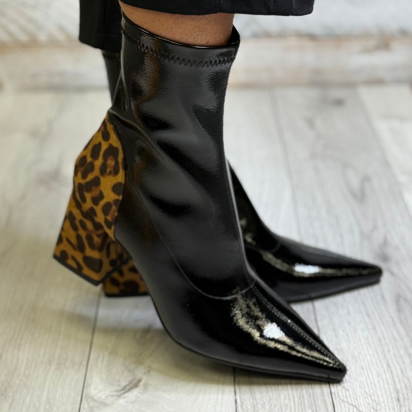 Dancing Matilda - Black Patent Animal Heel Detail Boot